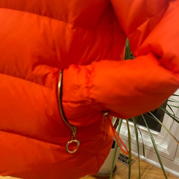 CAVALLI CLASS Woman's Orange Puff Bomber Jacket with hood, Animal Print lining - Picture 8 of 8